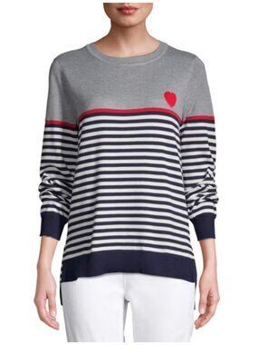EV1 Womens XL Blue White Striped Sweater Red Heart Detail Patriotic Americana